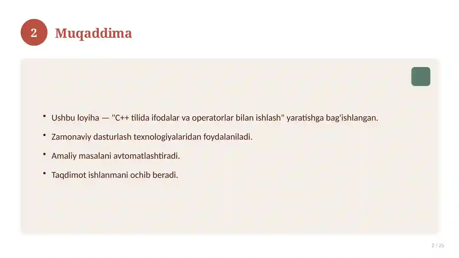 "C++ tilida ifodalar va operatorlar bilan ishlash" 2