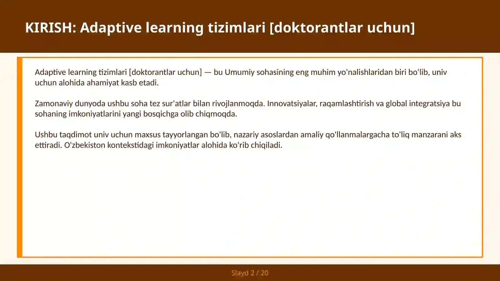 Adaptive learning tizimlari [doktorantlar uchun] 2