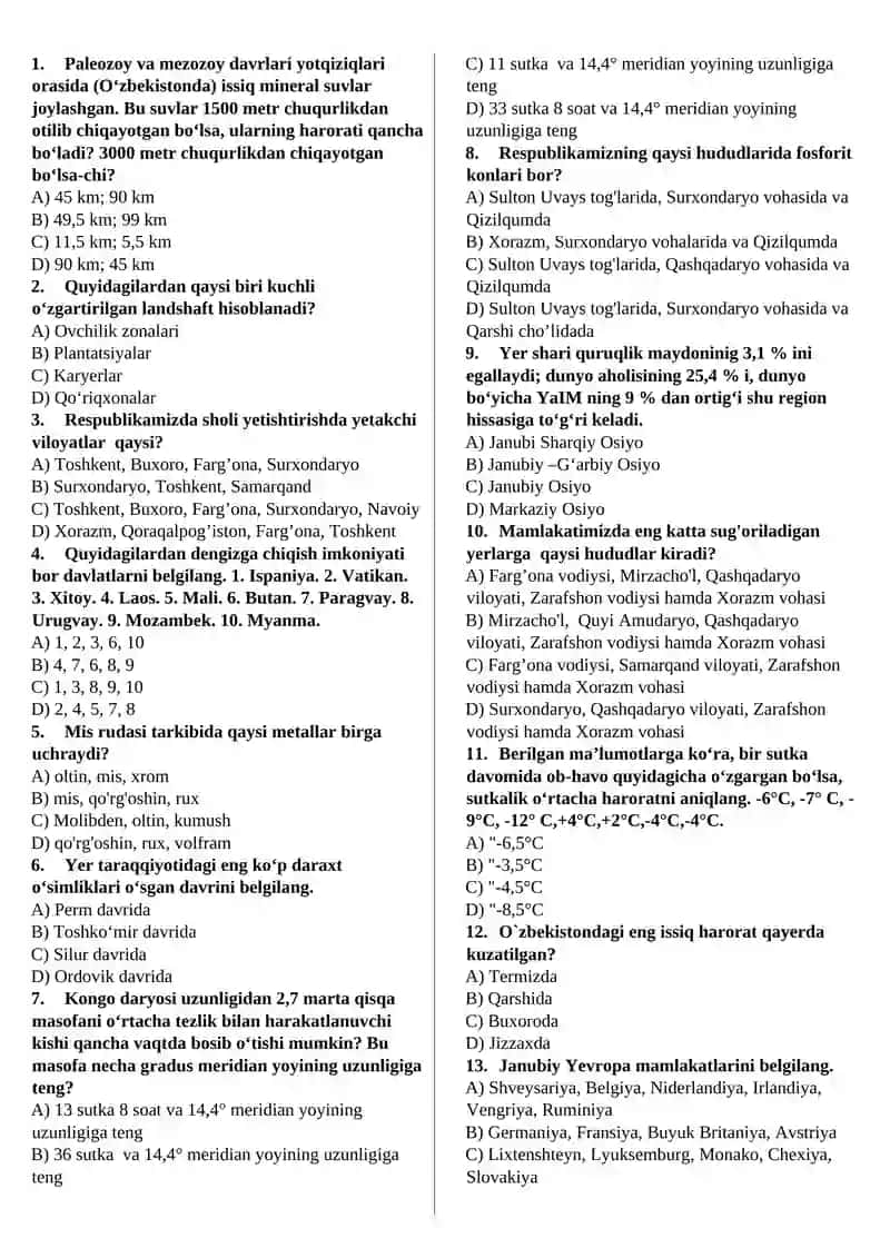 Test toʻplami Geografiyaning Tabiiy Ijtimoiy Iqtisodiy Siyosiy yoʻnalishiga oid 2