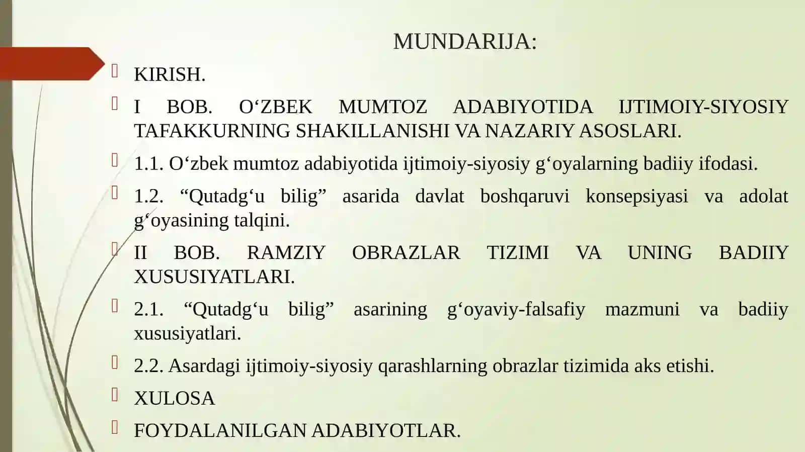 OʻZBEK MUMTOZ NASRIDA IJTIMOIY-SIYOSIY MASALALAR BADIIY TALQINI (“QUTADGʻU BILIG” ASARI TALQINIDA) 2