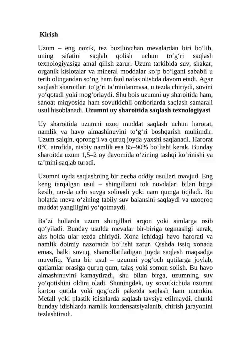 Uzumni uy va sanoat usulida sovutkichli omborlarida saqlash texnologiyasi. 2