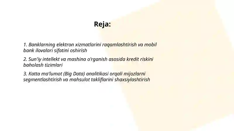 Bank biznesi xizmatlari va mahsulotlari sifatini oshirishga qaratilgan axborot texnologiyalari 2