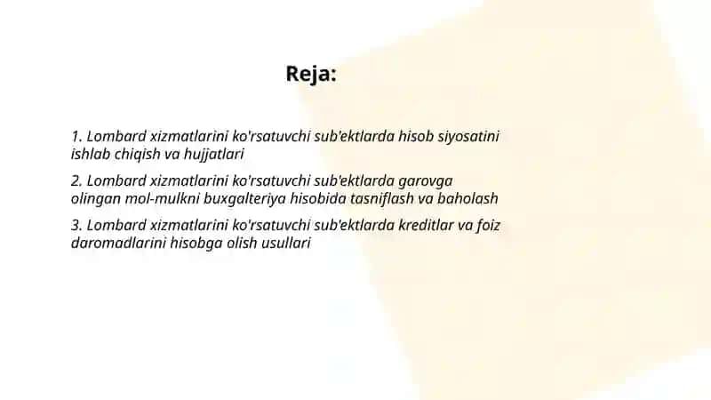 Lombart xizmatlarini ko'rsatuvchi sub'cktlarda buxgalteriya hisobi 2