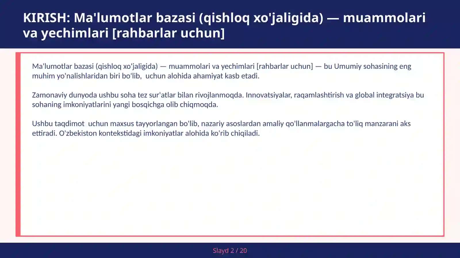 Ma'lumotlar bazasi (qishloq xo'jaligida) — muammolari va yechimlari [rahbarlar uchun] 2