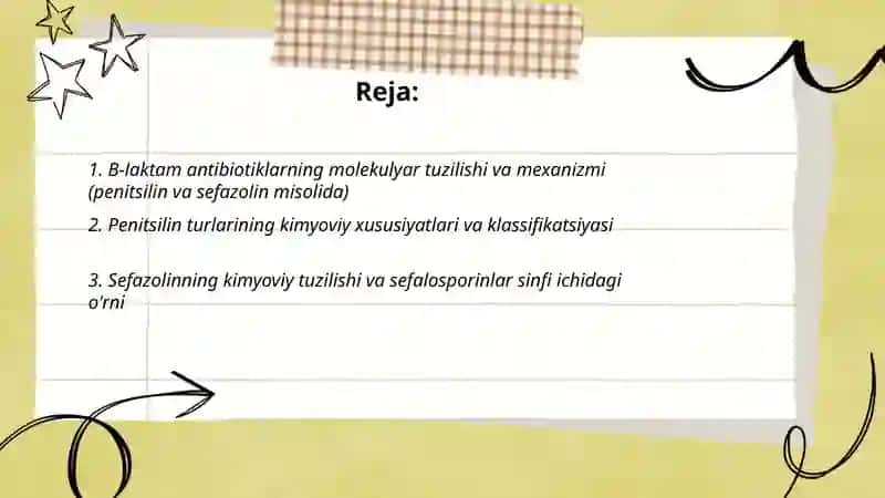 B- laktom antibiotiklar - penitsilinlar va sefolosparinlarning dori vositalari tahlili. (Penitsilin, sefazolin) 2