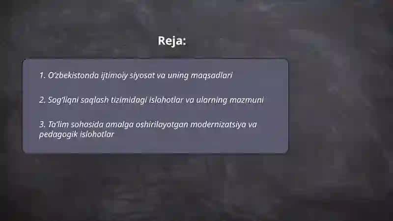 Oʻzbekistonda ijtimoiy sohada amalga oshirilayotgan oʻzgarishlar mazmun va mohiyati 2