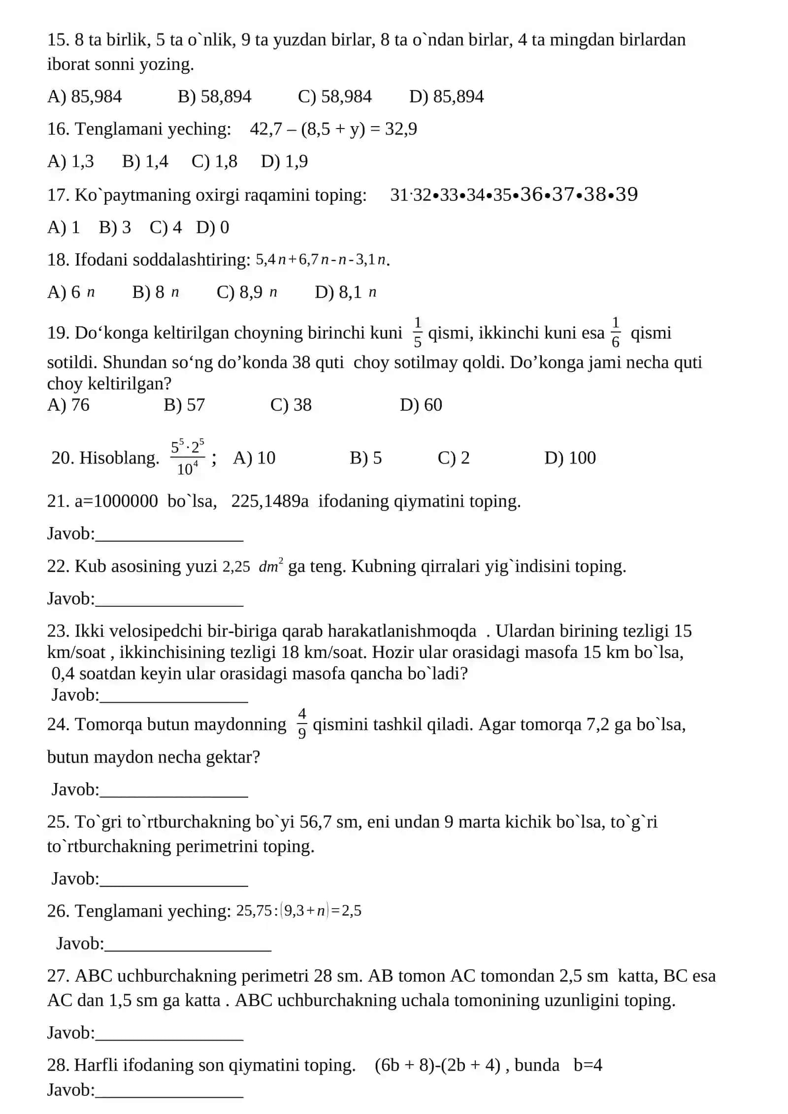 Matematikadan testlar. 5-sinf. 1- variant 2