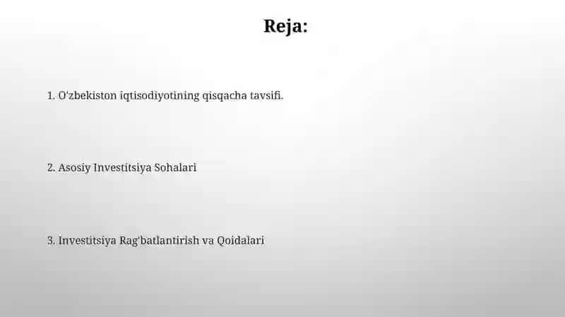Oʻzbekiston respublikasi investitsiya muhitini oʻrganish 2