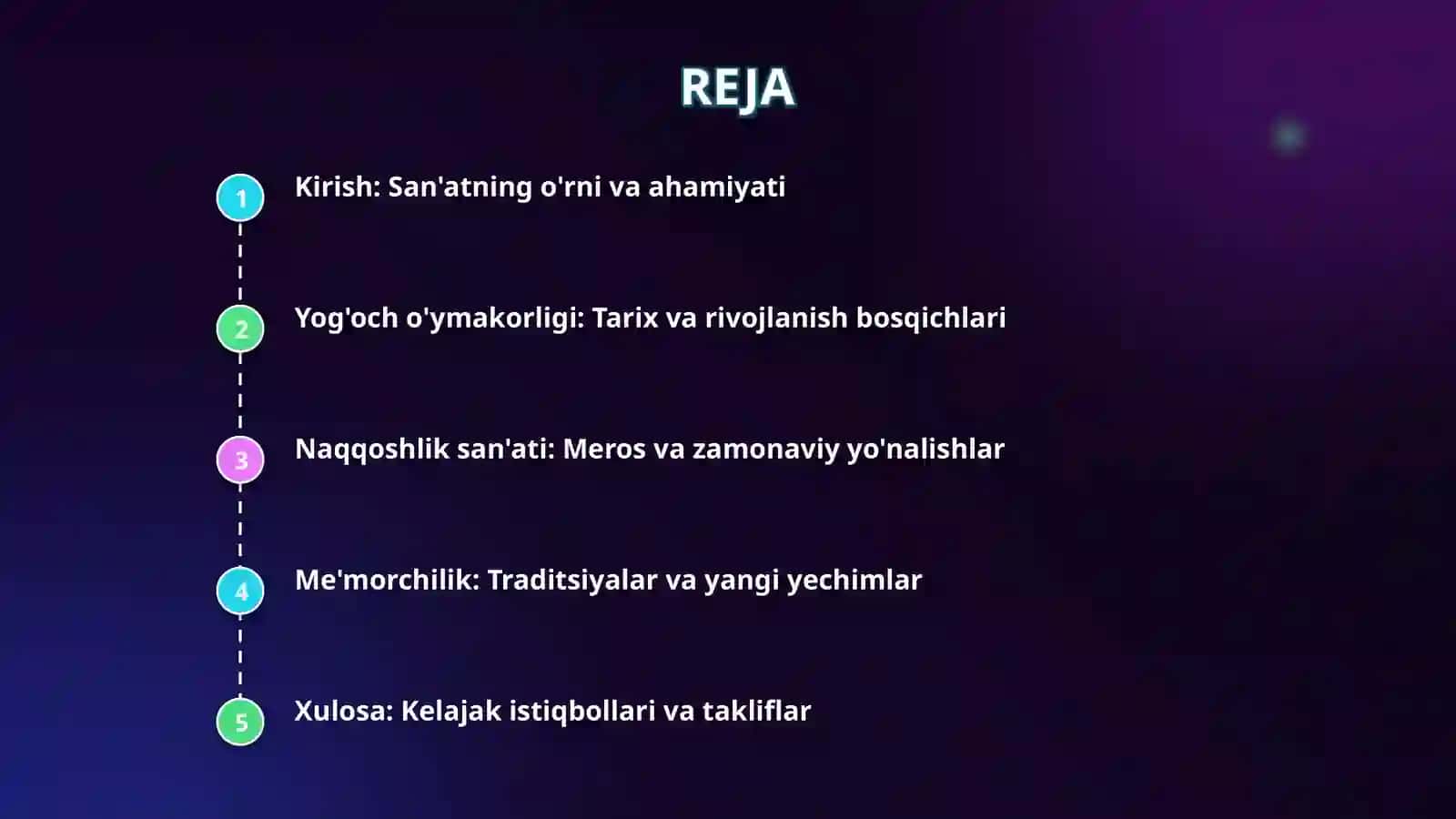 Yog‘och o‘ymakorligi, naqqoshlik va me’morchilik san’ati. Yog‘och o‘ymakorligi san’ati tarixi, uning rivojlanish bosqichlari, hozirgi ahvoli va imkoniyatlari. Yog‘och o‘ymakorligi maktablari va ustalari. Yog‘och o‘ymakorligida naqsh atamalari. Yog‘ochga naqsh solish texnologiyasi. Yog‘och o‘ymakorligida ishlatiladigan asboblari, uskunalar va o‘lchov asboblari. Naqqoshlik san’ati tarixi, uning rivojlanish bosqichlari, hozirgi ahvoli va imkoniyatlari. Naqqoshchilik maktablari va ustalari. Naqqoshl 2