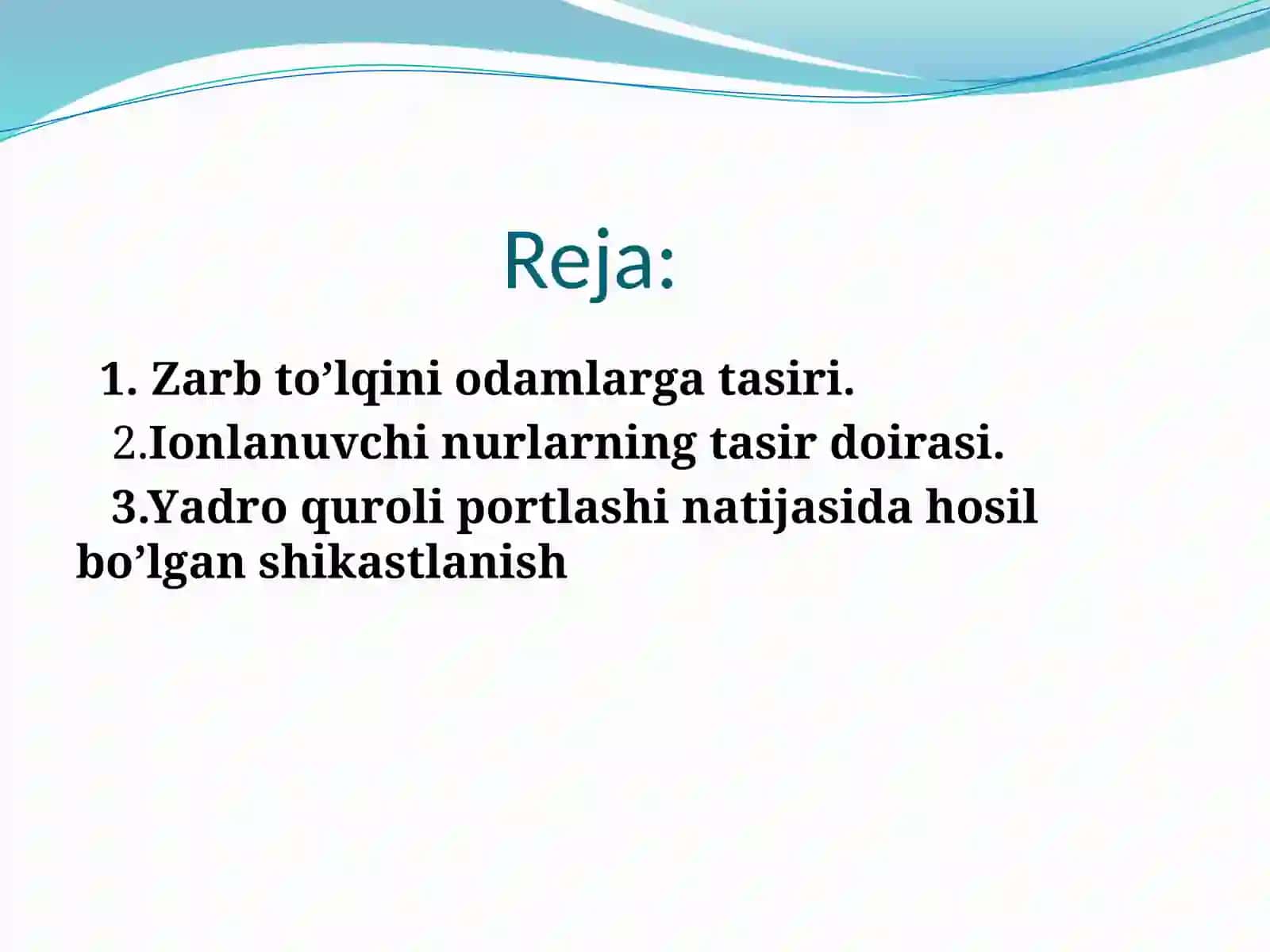 To’lqin zarbi. Jabrlanish zonalari tavsifi. Yorug’lik ajralishi. O’tuvchi nurlari 2