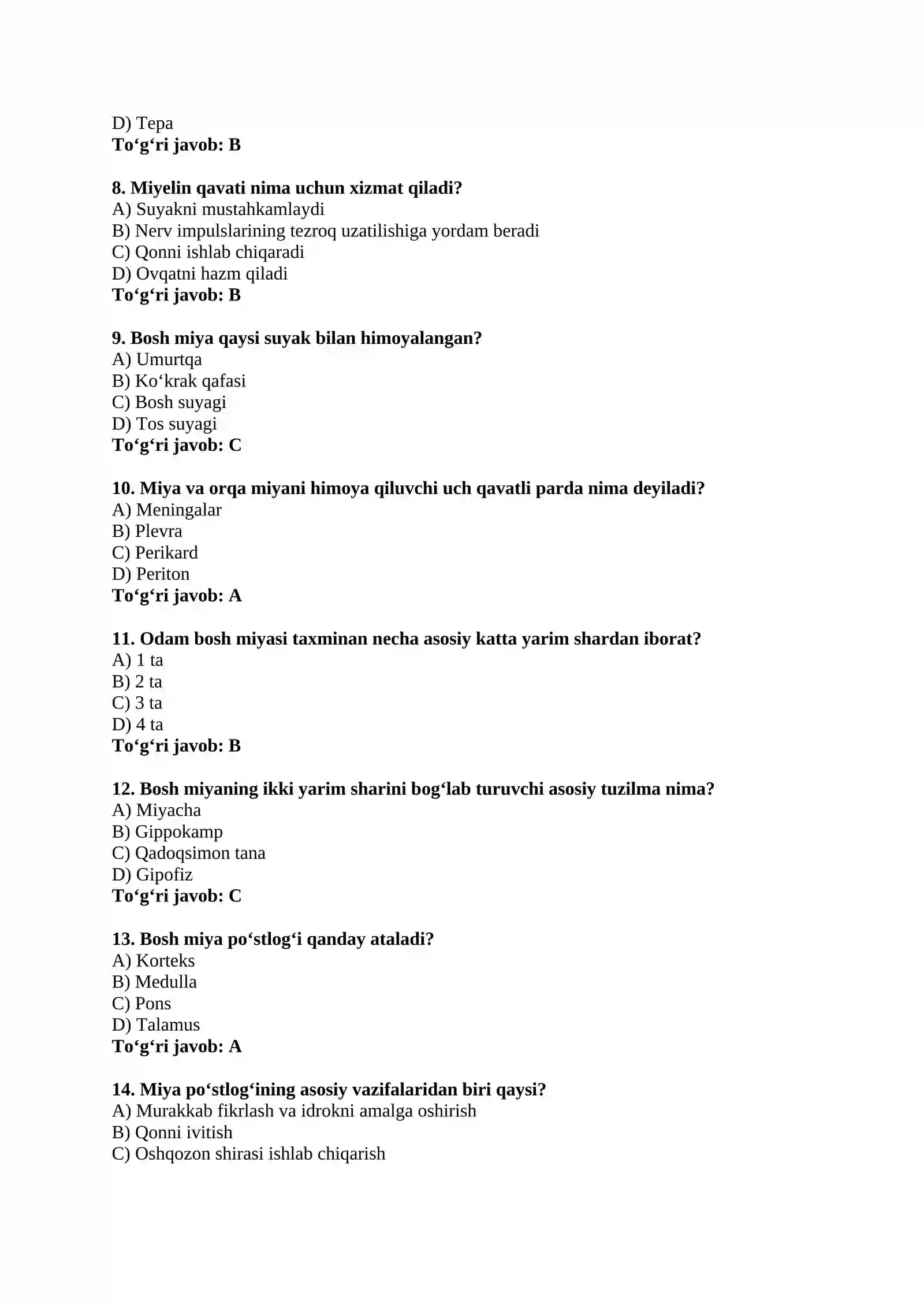 Odam miyasi haqida 90 ta test 2