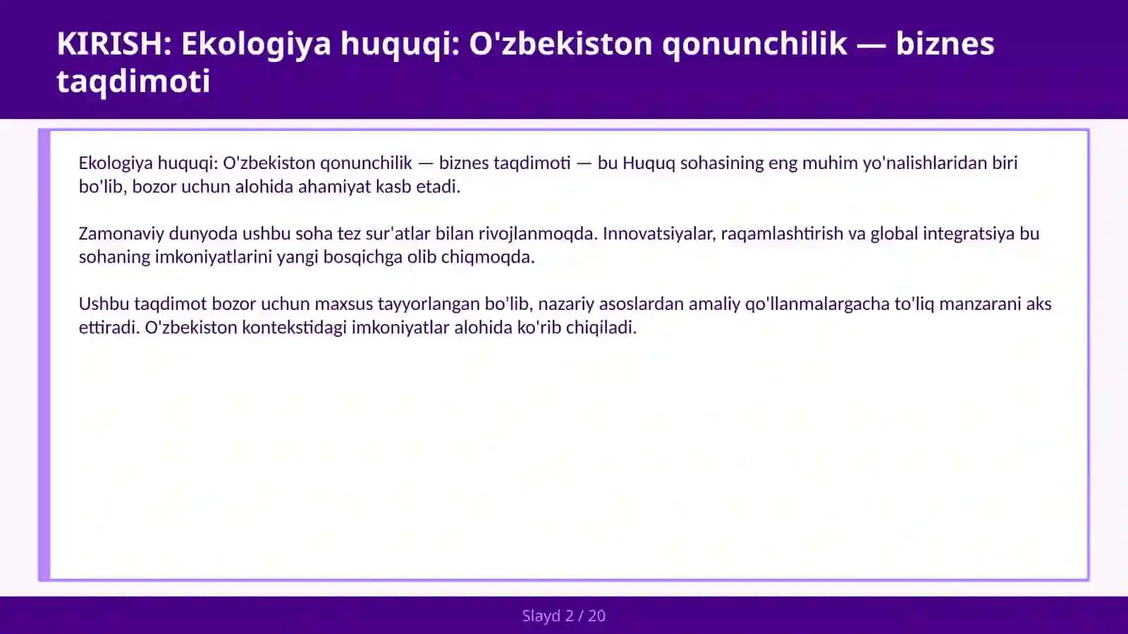 Ekologiya huquqi: O'zbekiston qonunchilik — biznes taqdimoti 2