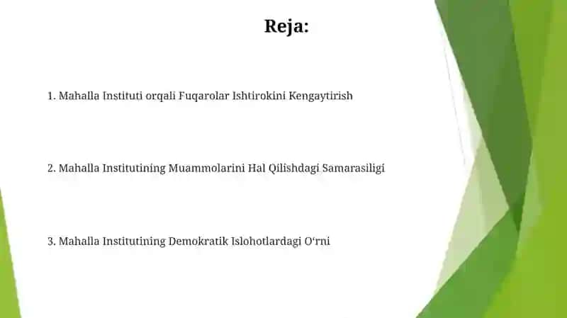 Mahalla instituti demokratiya uchun muhim qadam shu mavzu bo'yicha slayd tayyorlab ber 2