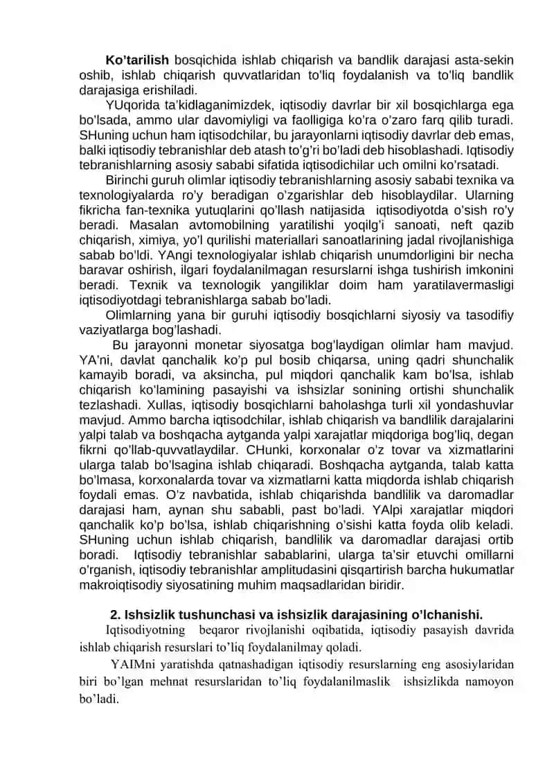Bozor iqtisodiyotining davriy rivojlanishi. Ishsizlik. 2