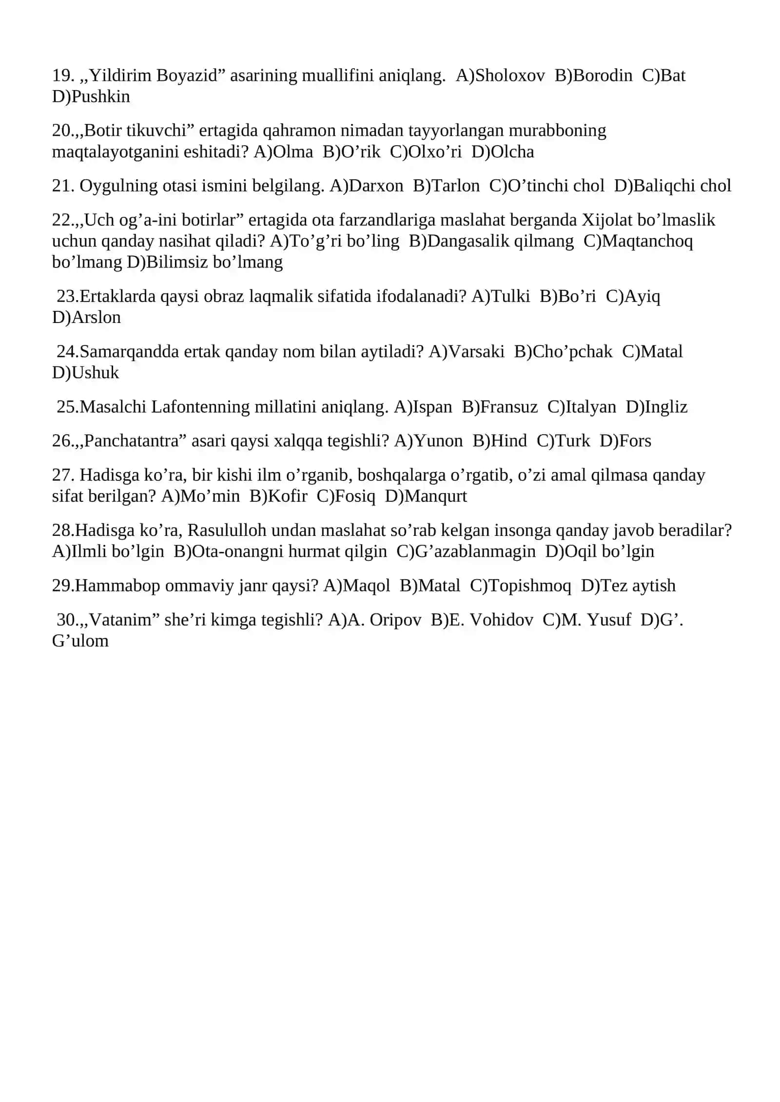 5-sinf ona tili va adabiyot II chorak test 2