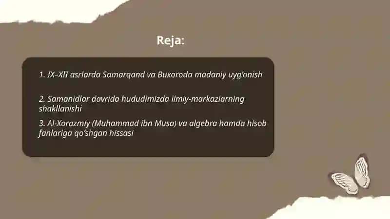 IX-XII asrlarda mamlakatimiz hududida ro'y bergan madaniy uyg'onish(Renessans) buyuk allomalarning jahon sivilizatsiyasiga qo'shgan hissasi 2
