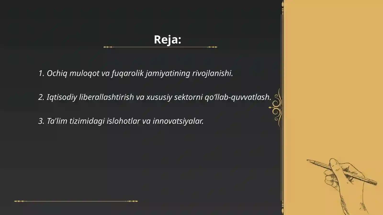 Yangi Oʻzbekistonda Prezident Shavkat Miromonovich Mirziyoyev rahbarligi va tashabbusi ostida amalga oshirilgan islohotlar 2