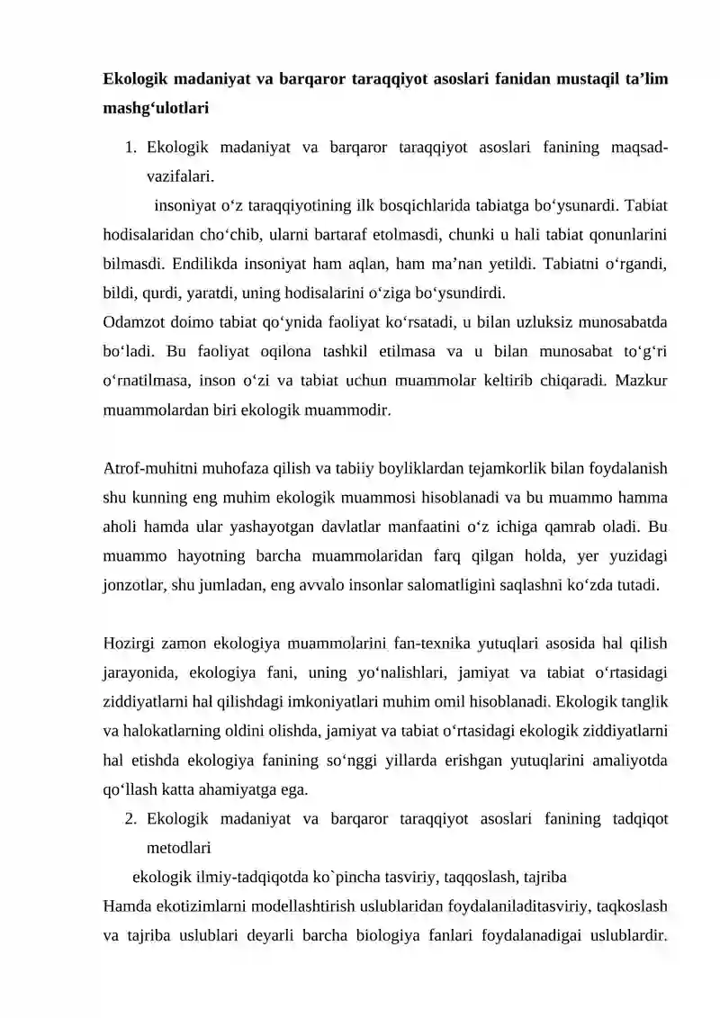 Ekologik madaniyat va barqaror taraqqiyot asoslari fanidan mustaqil ta’lim mashg‘ulotlari 2