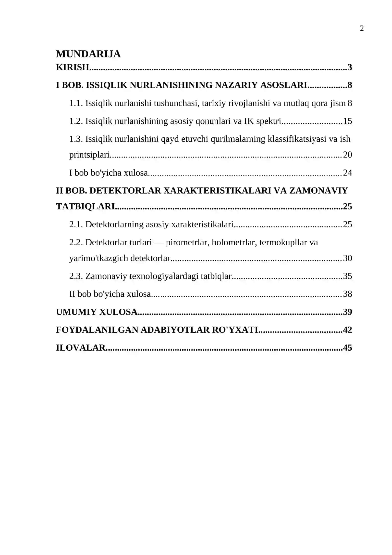 «ISSIQLIK NURLANISHINI QAYD ETUVCHI QURILMALARNING ASOSIY XARAKTERISTIKALARI BILAN TANISHISH» KURS ISHI 2