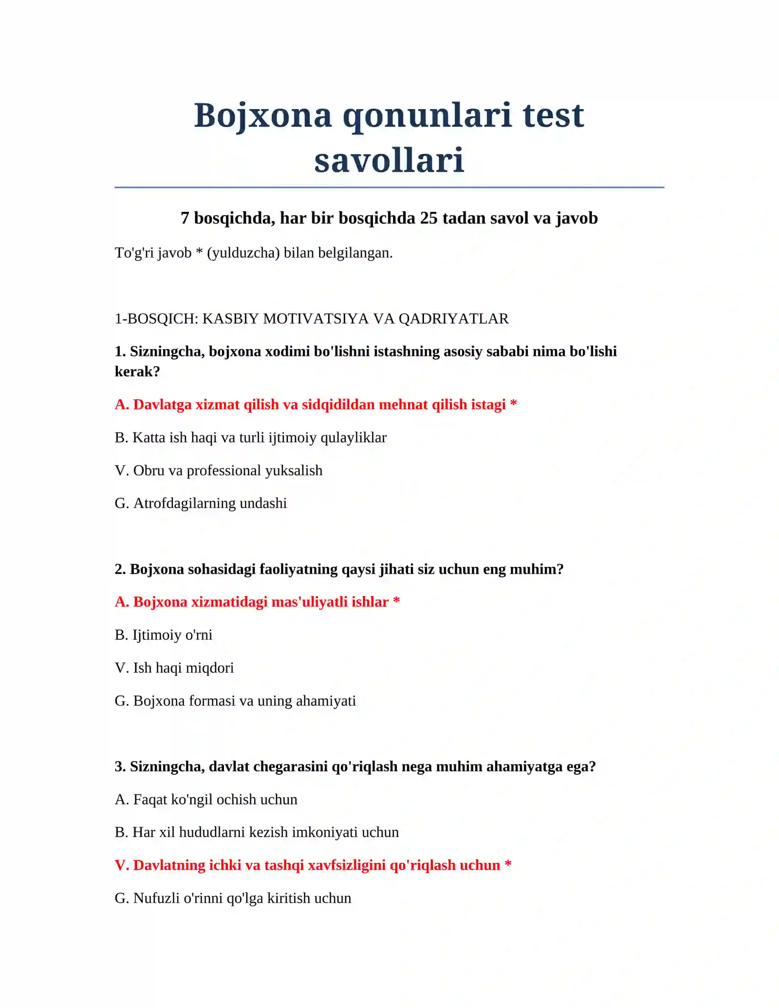 Bojxona qonunlari test savollari 2