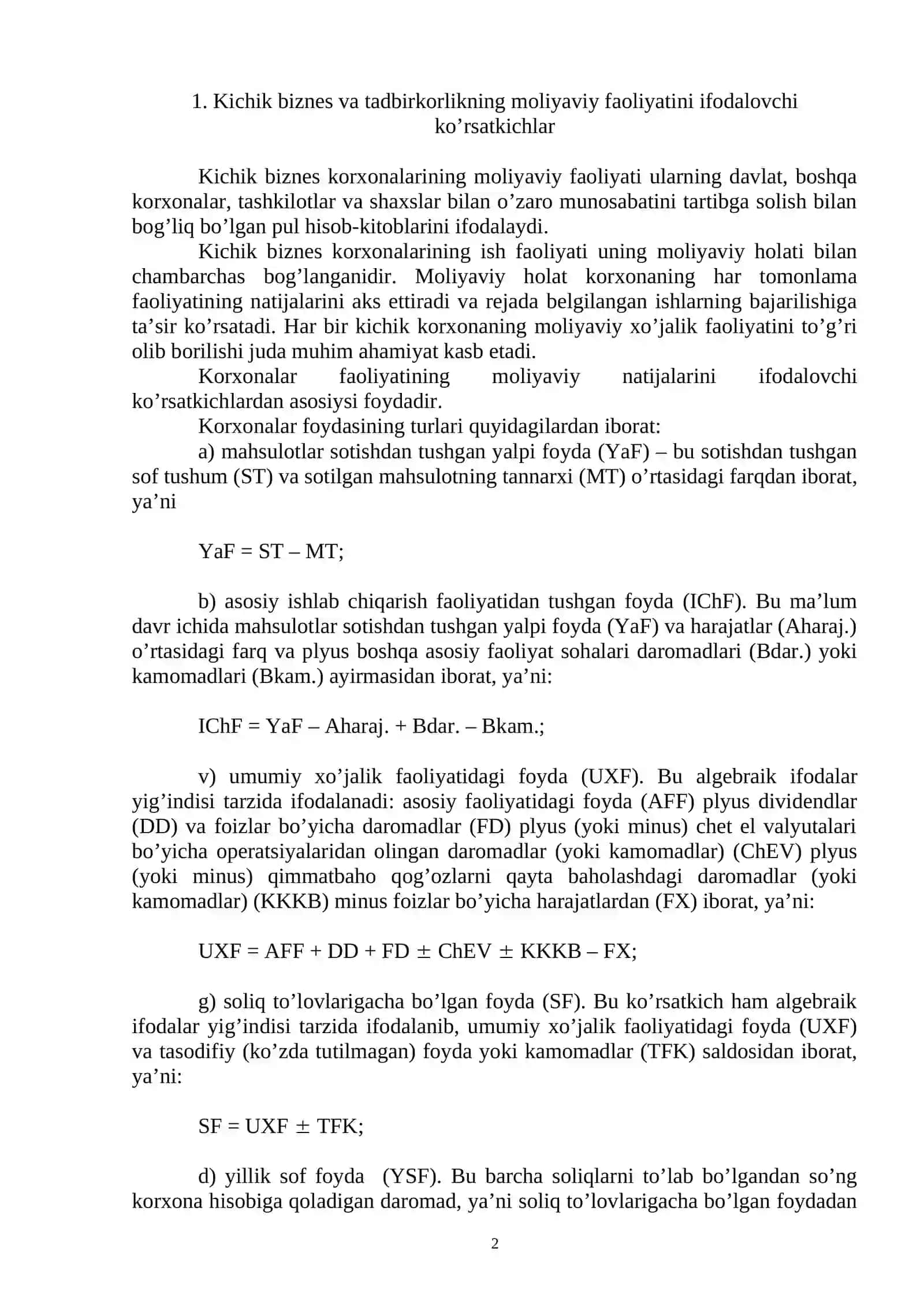 Kichik biznes va tadbirkorlikning moliyaviy faoliyati 2