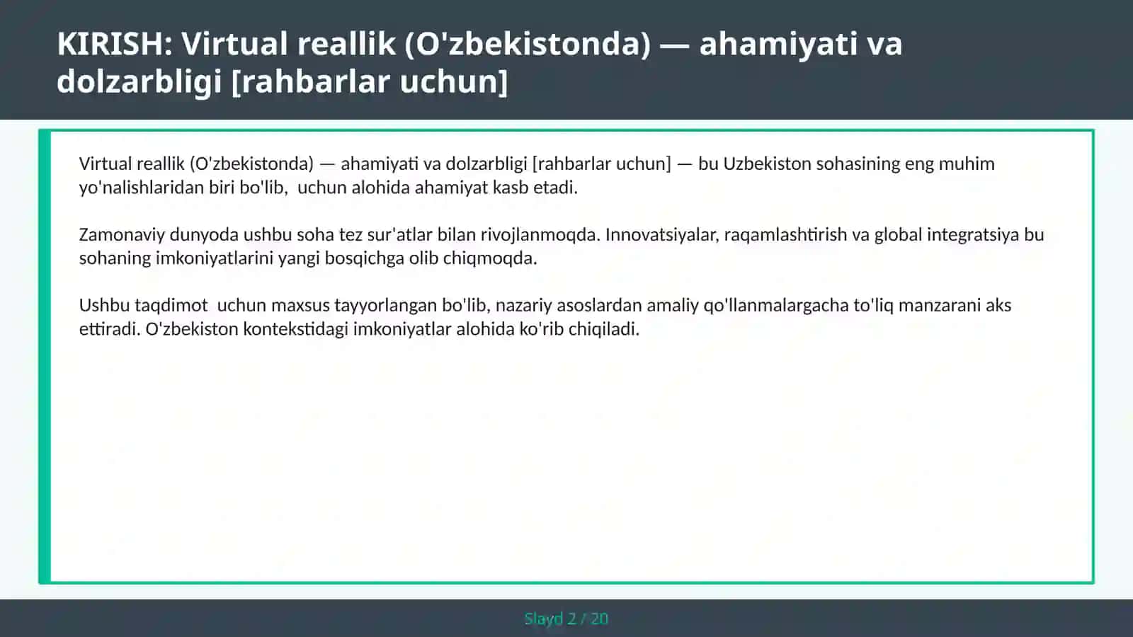 Virtual reallik (O'zbekistonda) — ahamiyati va dolzarbligi [rahbarlar uchun] 2