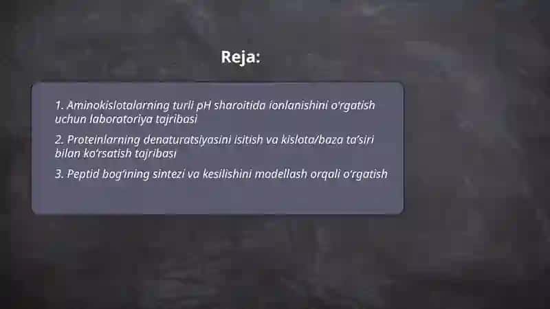 Aminokislotalar va oqsillar ularning xossalari mavzusini oʻqitishga oid tajribalarni oʻrganish 2