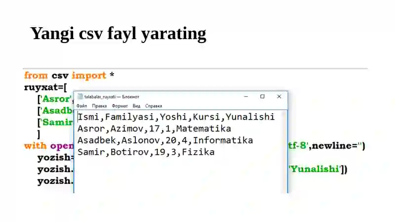 Pythonda CSV fayllari va ular ustida ishlash 2