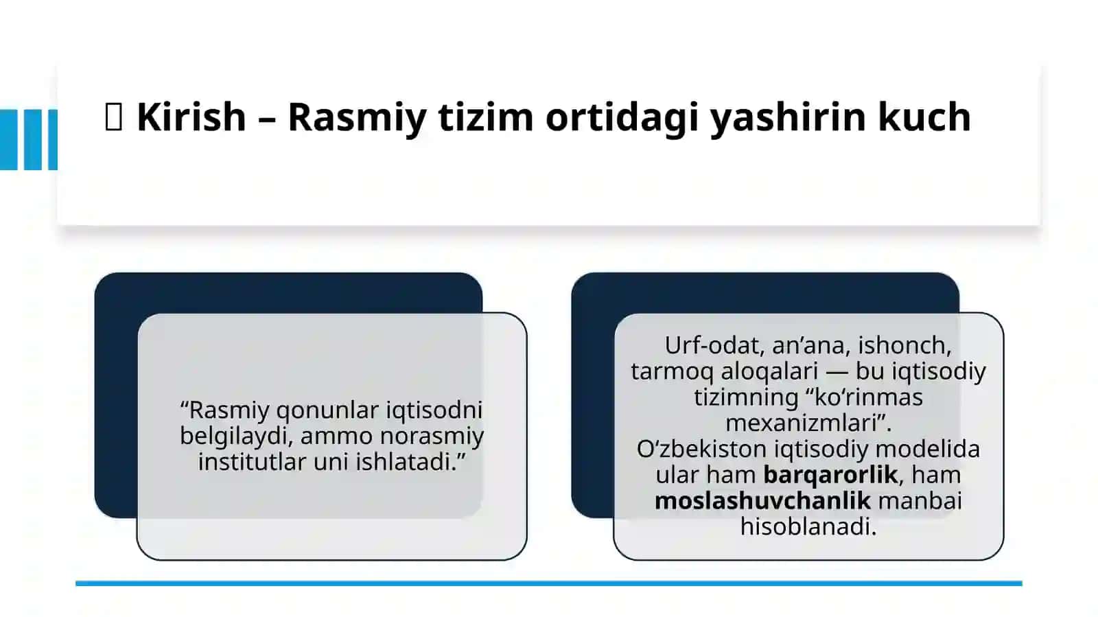 O‘zbekiston iqtisodiyotida norasmiy institutlarning roli va samaradorligi 2