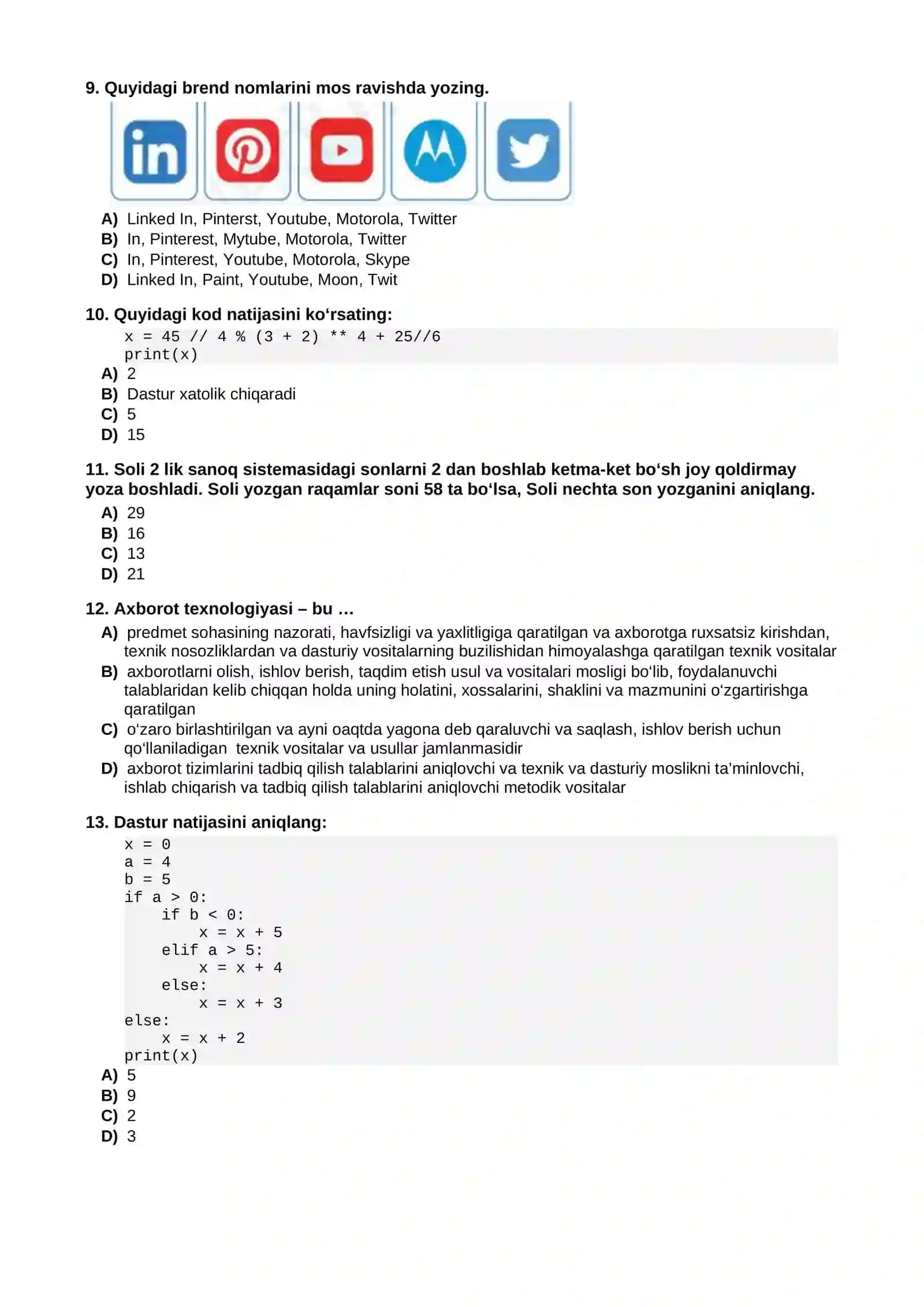 Informatika fanidan birinchi toifa attestatsiya test savollari 2
