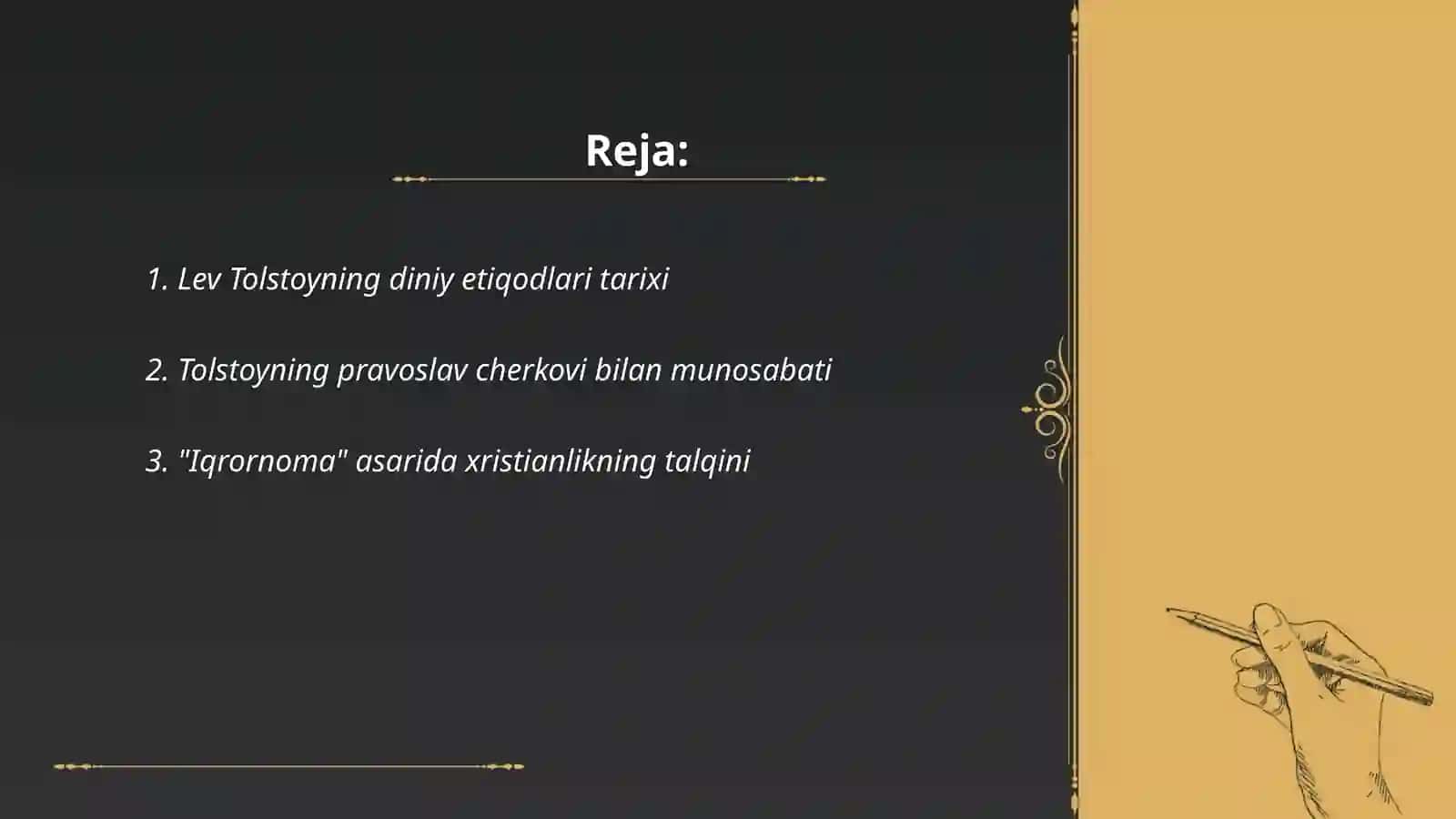 Lev Tolstoyning Iqrornima asridagi diniy etiqodlarini tahlil etish 2