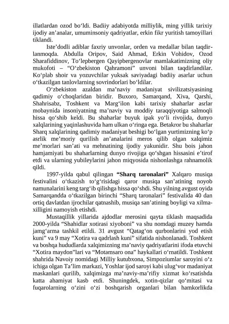 MUSTAQILLIK YILLARIDA O‘ZBEKISTONNING MA’NAVIY VA MADANIY TARAQQIYOTI 2