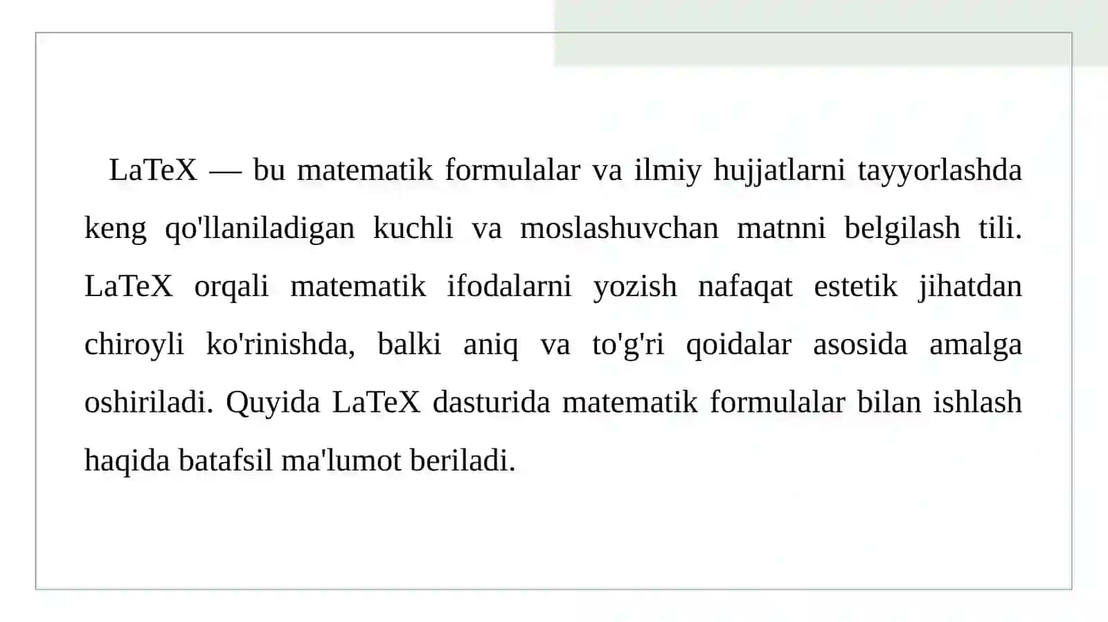LaTeX dasturida matematik formulalar bilan ishlash 2