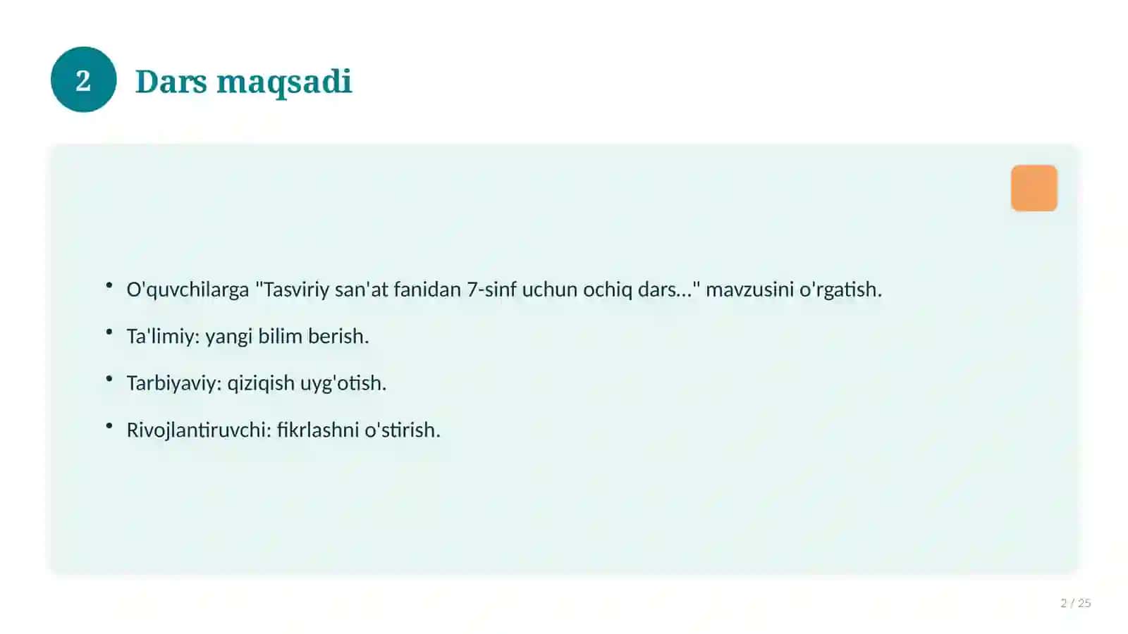 Tasviriy san'at fanidan 7-sinf uchun ochiq dars ishlanmasi 2