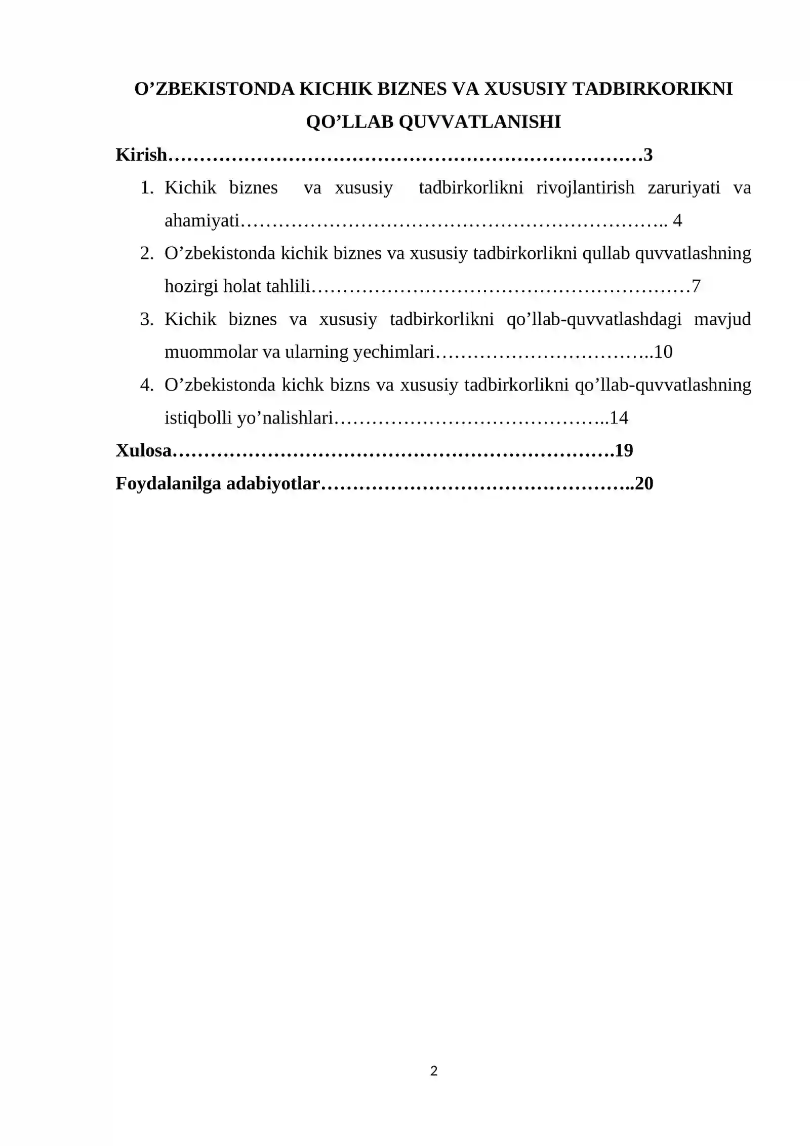 O’ZBEKISTONDA KICHIK BIZNES VA XUSUSIY TADBIRKORIKNI QO’LLAB QUVVATLANISHI 2