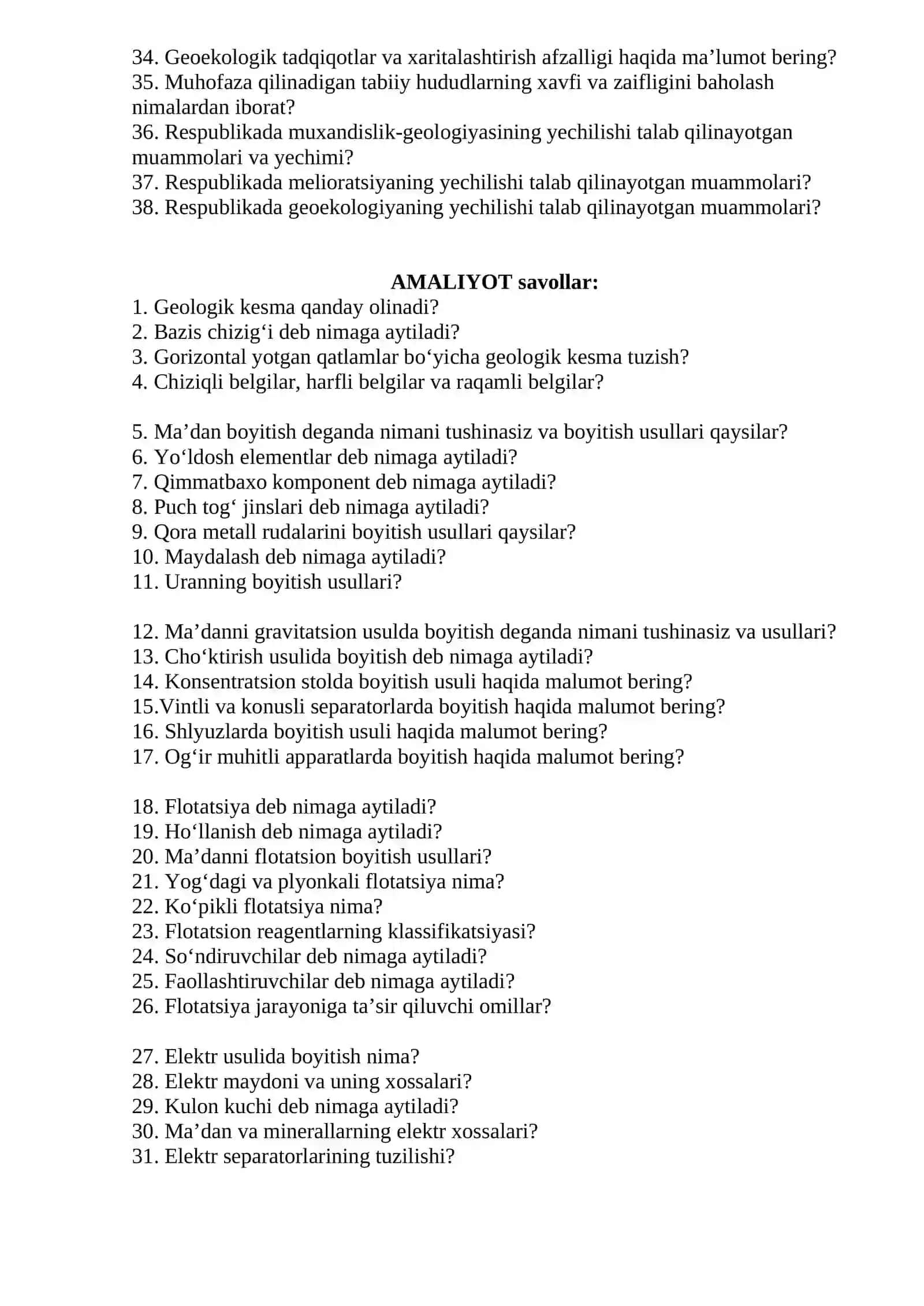 Geologiyada hozirgi zamon muammolari fanidan MA’RUZA savollari 2