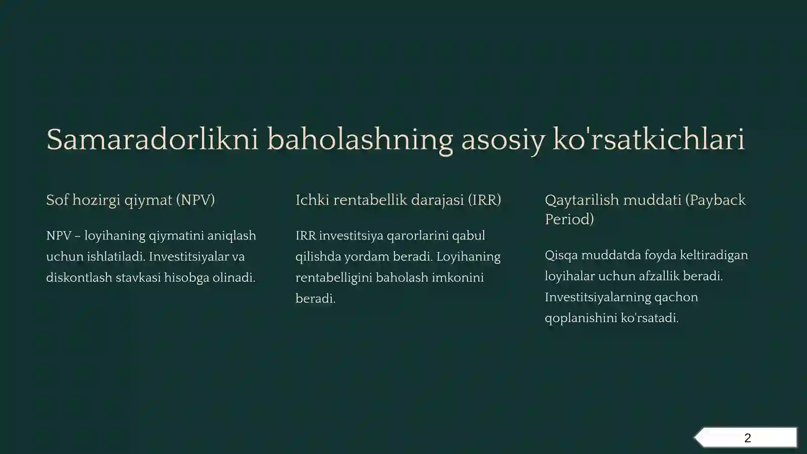 Innovatsion loyihalarning iqtisodiy samaradorligini baholash usullari 2
