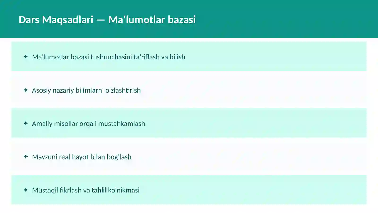 SQL O'qituvchilar va talabalar uchun dars ishlanma 2