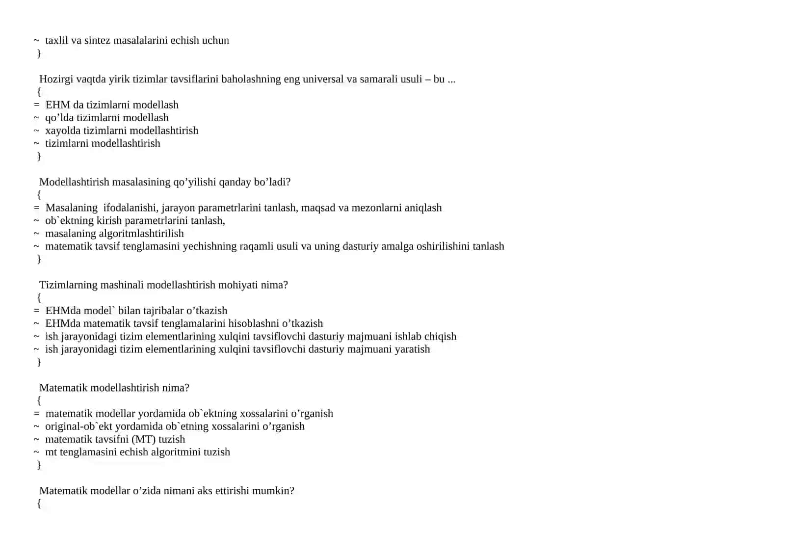 Matematik modellashtirish fanidan testlar. 2