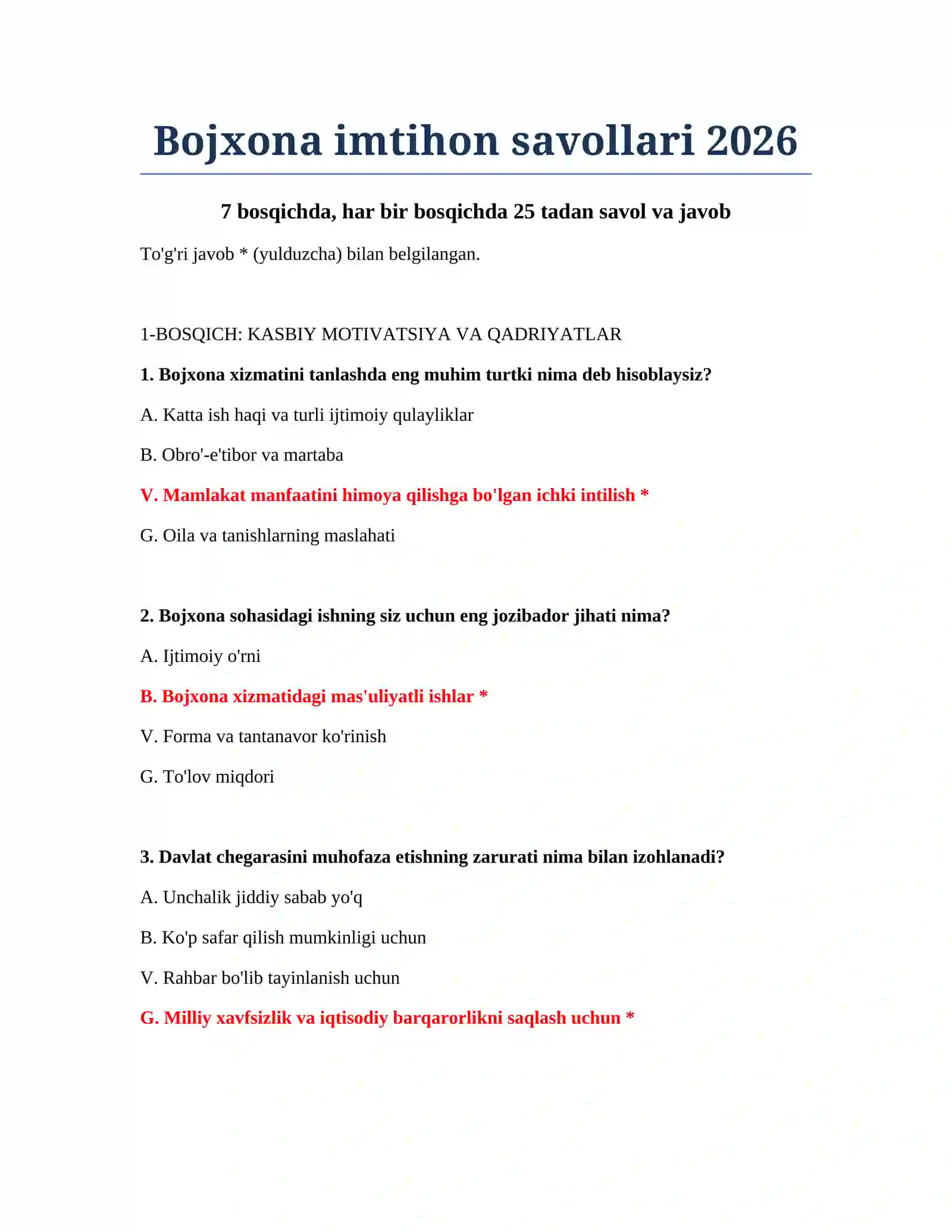 Bojxona imtihon savollari 2026 2
