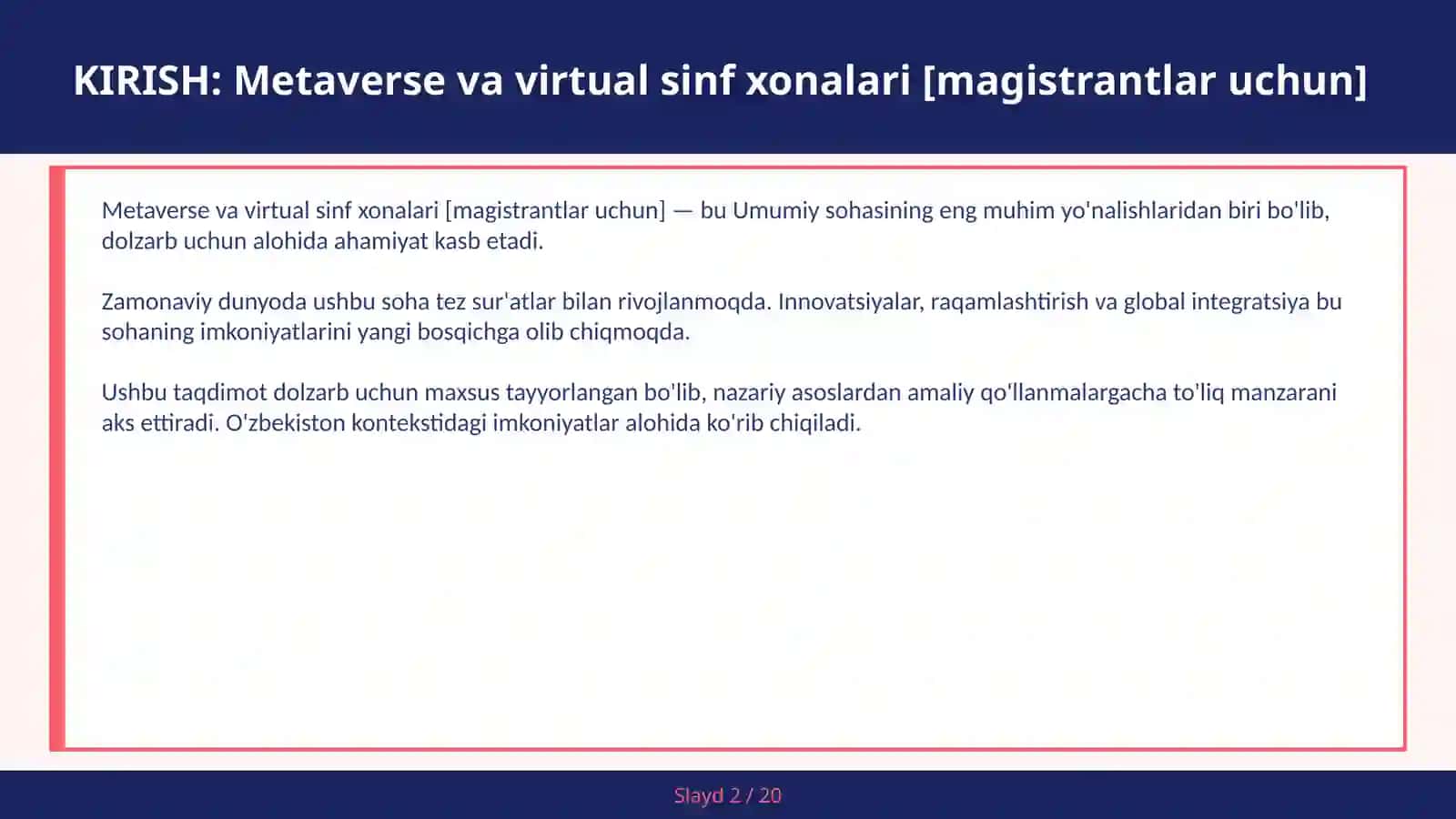 Metaverse va virtual sinf xonalari [magistrantlar uchun] 2