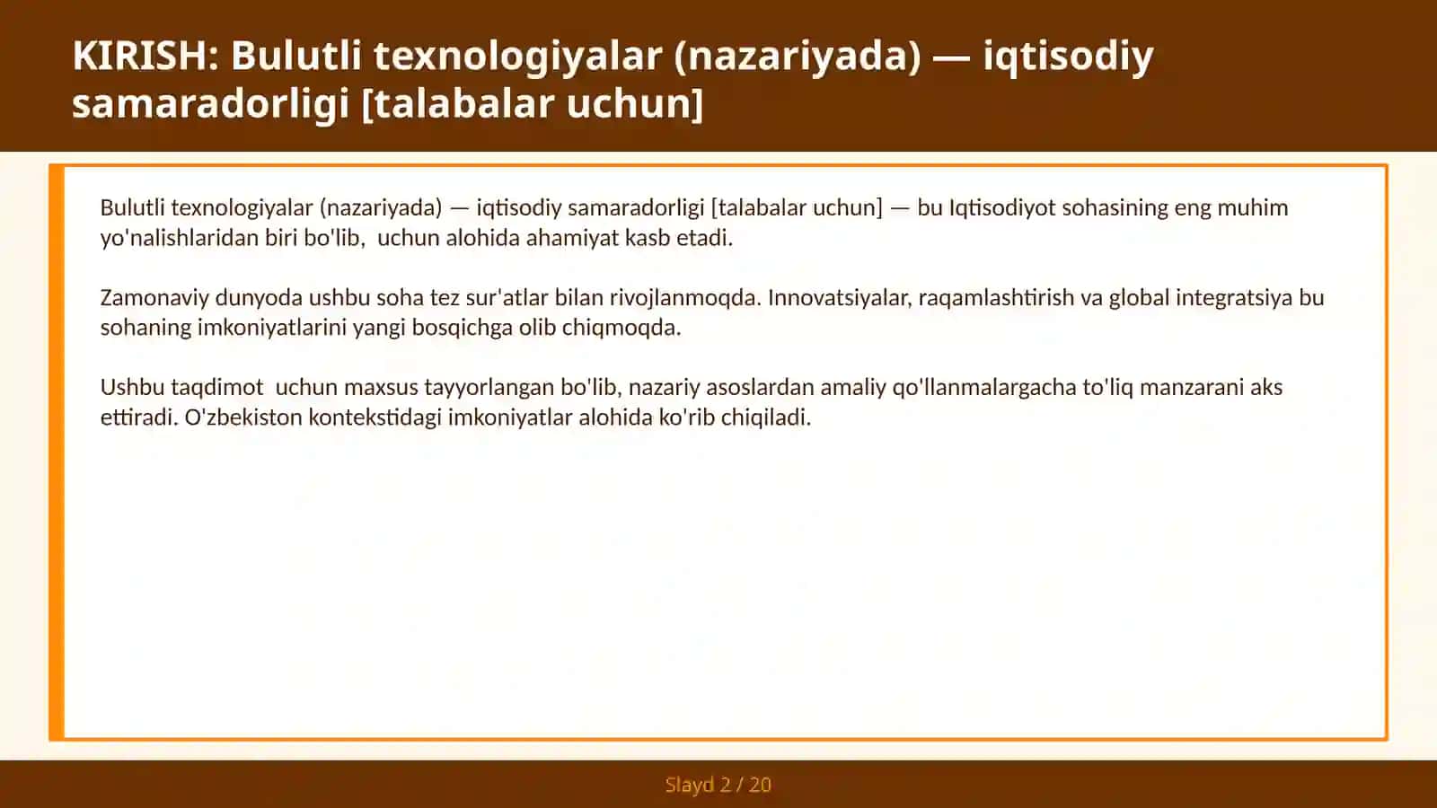 Bulutli texnologiyalar (nazariyada) — iqtisodiy samaradorligi [talabalar uchun] 2