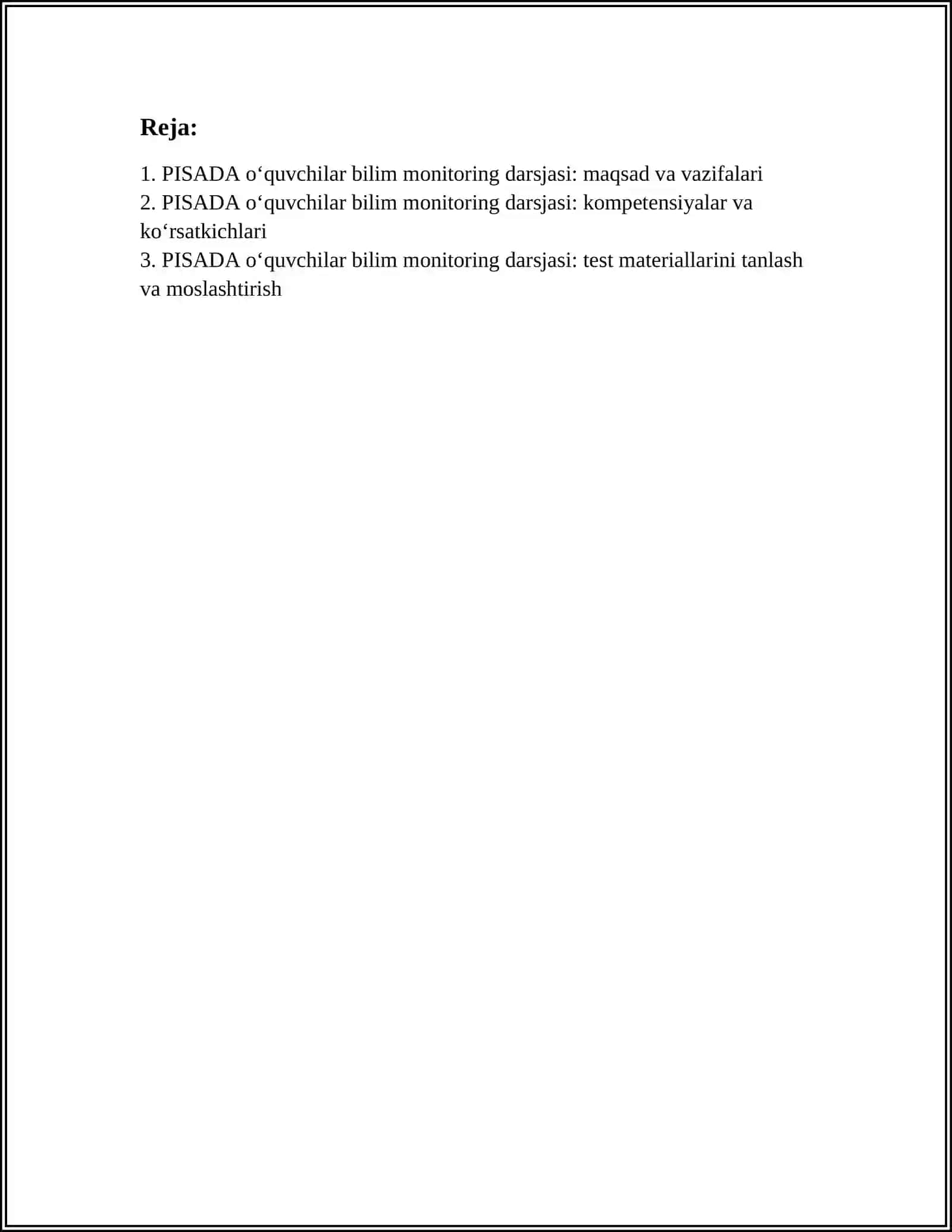 PISADA OʻQUVCHILAR BILIM MONITORING DARSJASI 2
