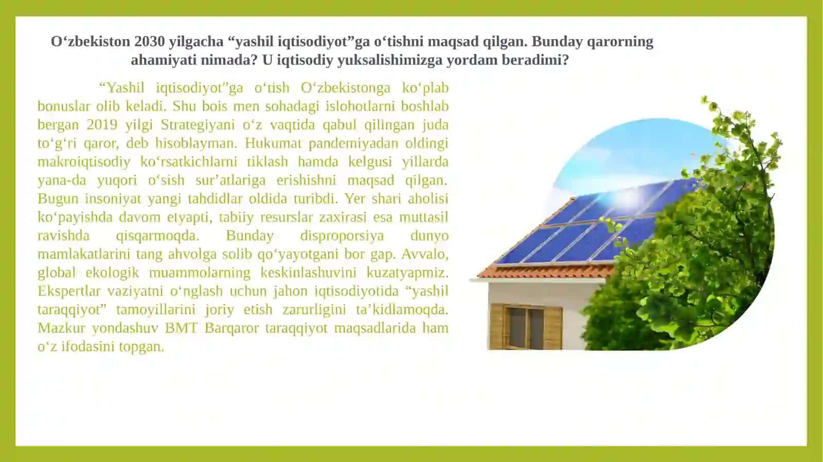 O‘zbekiston Respublikasida “Yashil iqtisodiyot”ni rivojlantirish strategiyasining ustuvor yo‘nalishlari 2