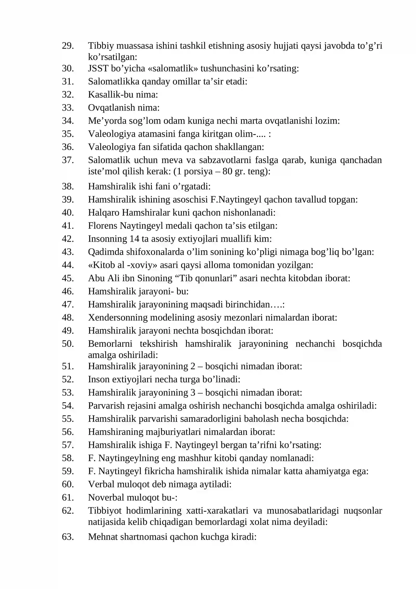 OLIY HAMSHIRALIK ISHI TEST SAVOLLARI 2