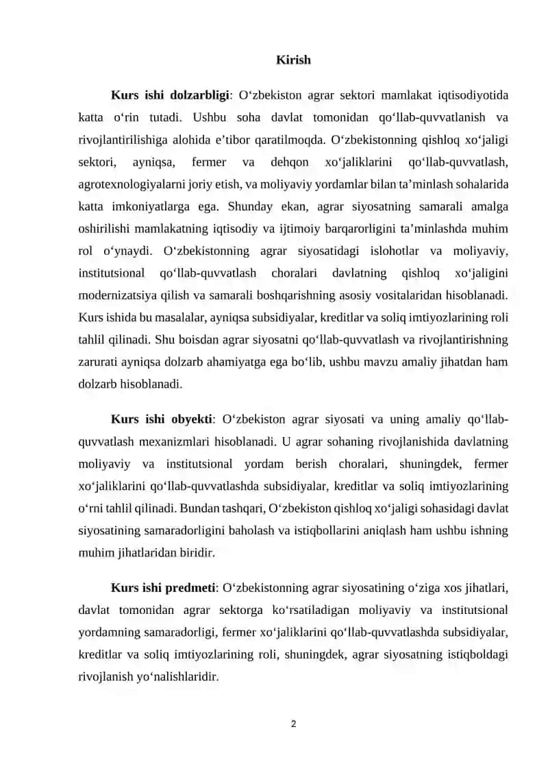 Agrar sohani davlat tomonidan qo’llab quvvatlash siyosati 2