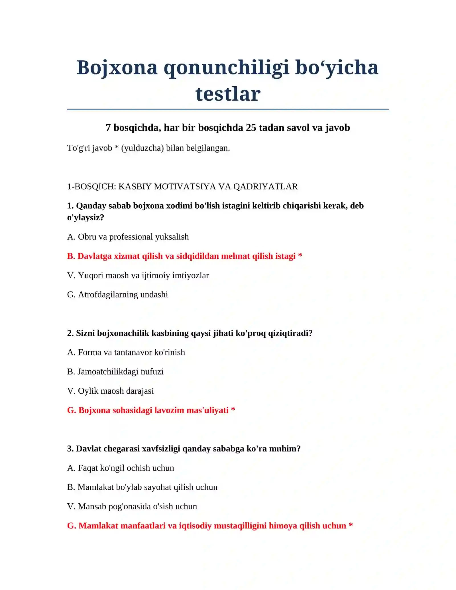 Bojxona qonunchiligi bo‘yicha testlar 2