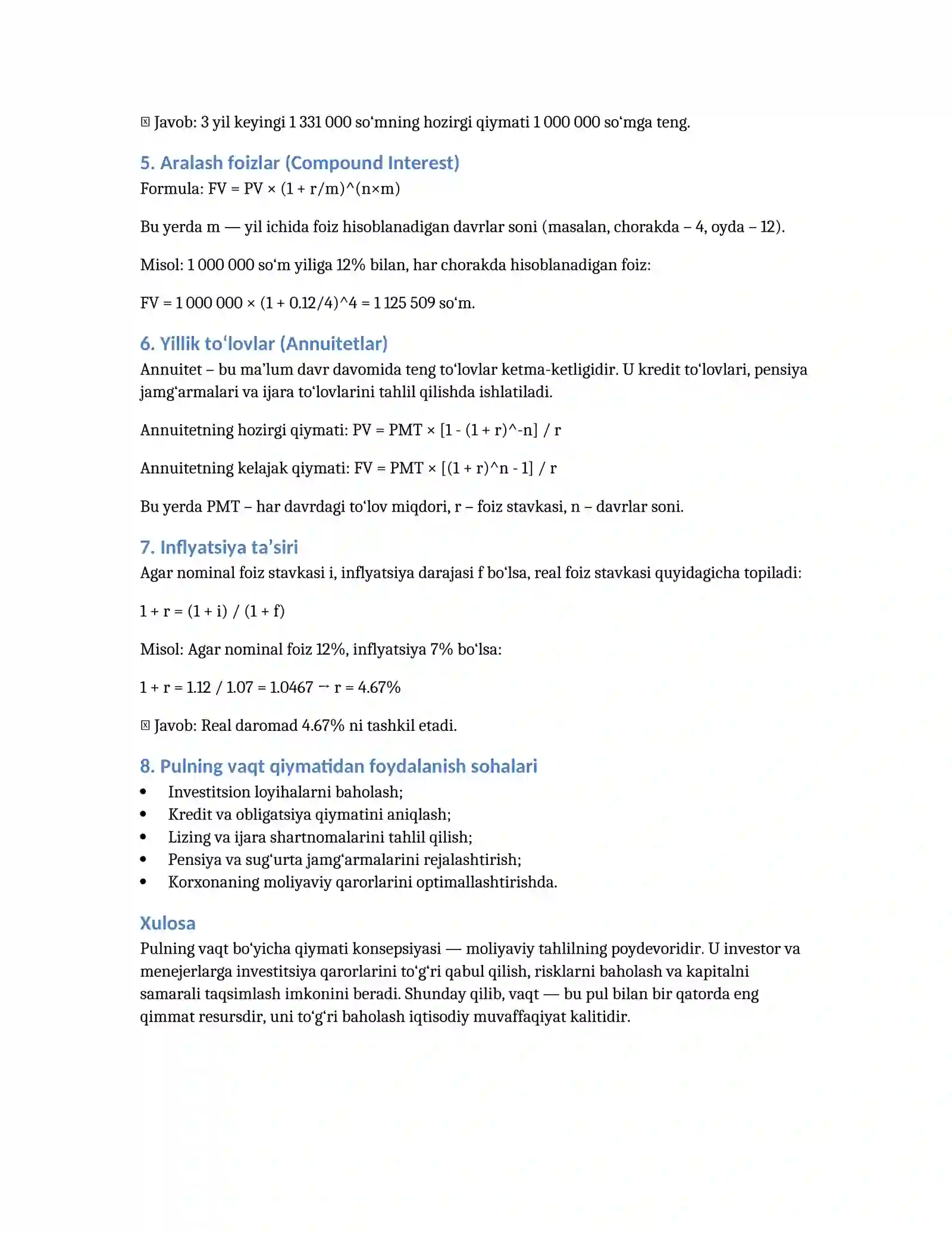 Pulning vaqt bo‘yicha qiymati konsepsiyasi 2