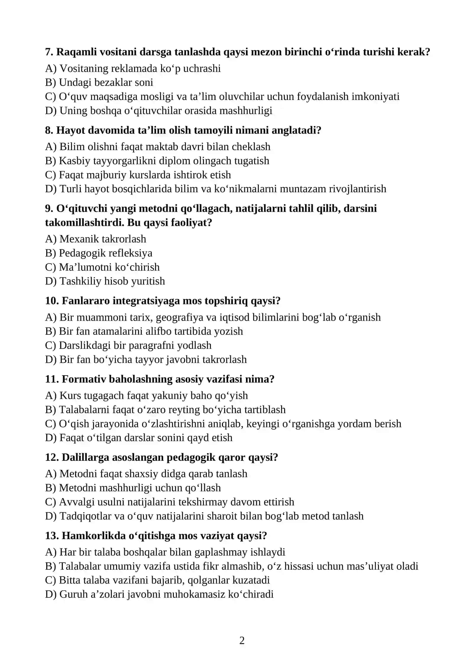 Zamonaviy pedagogik tafakkur va uning rivojlanish tendensiyalari TEST 2