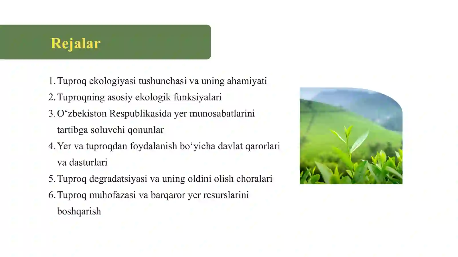 TUPROQ EKOLOGIYASI, YER HAQIDAGI QONUNLAR,QARORLAR VA TUPROQ MUHOFAZASI 2